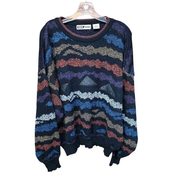 Vintage 90s Urban Works Mens Sweater Sz‎ XL Geometric Grunge Leather Patches - Picture 1 of 6